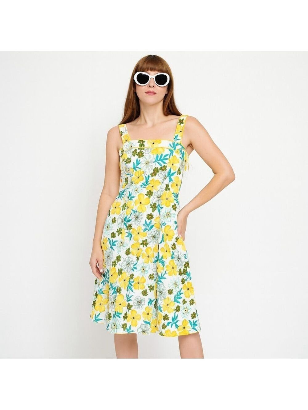 Vintage Jessica Sears Canada Yellow Floral Fit & Flare Sundress Cotton Spandex 4